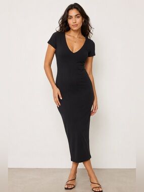 Leith Black Bodycon Midi Dress Small Stretch V-Neck Minimalist Capsule Classic